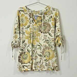 CARIBBEAN JOE Island Supply Top Sz L Tunic V-Neck 3/4 Sleeve Floral Cream Knit